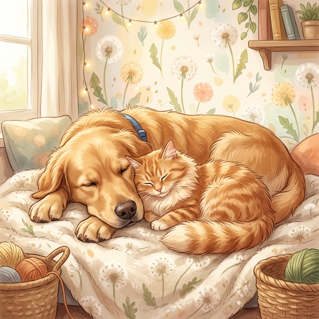 金毛獵犬與橘貓依偎在一起的插畫