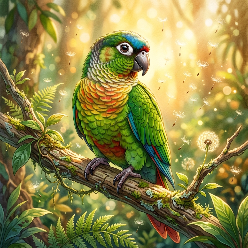 停在樹枝上的綠色鸚鵡插畫